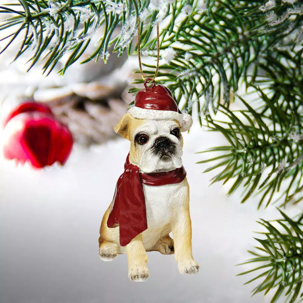 Design Toscano Bulldog Holiday Dog Ornament Sculpture, Hand-Painted Resin