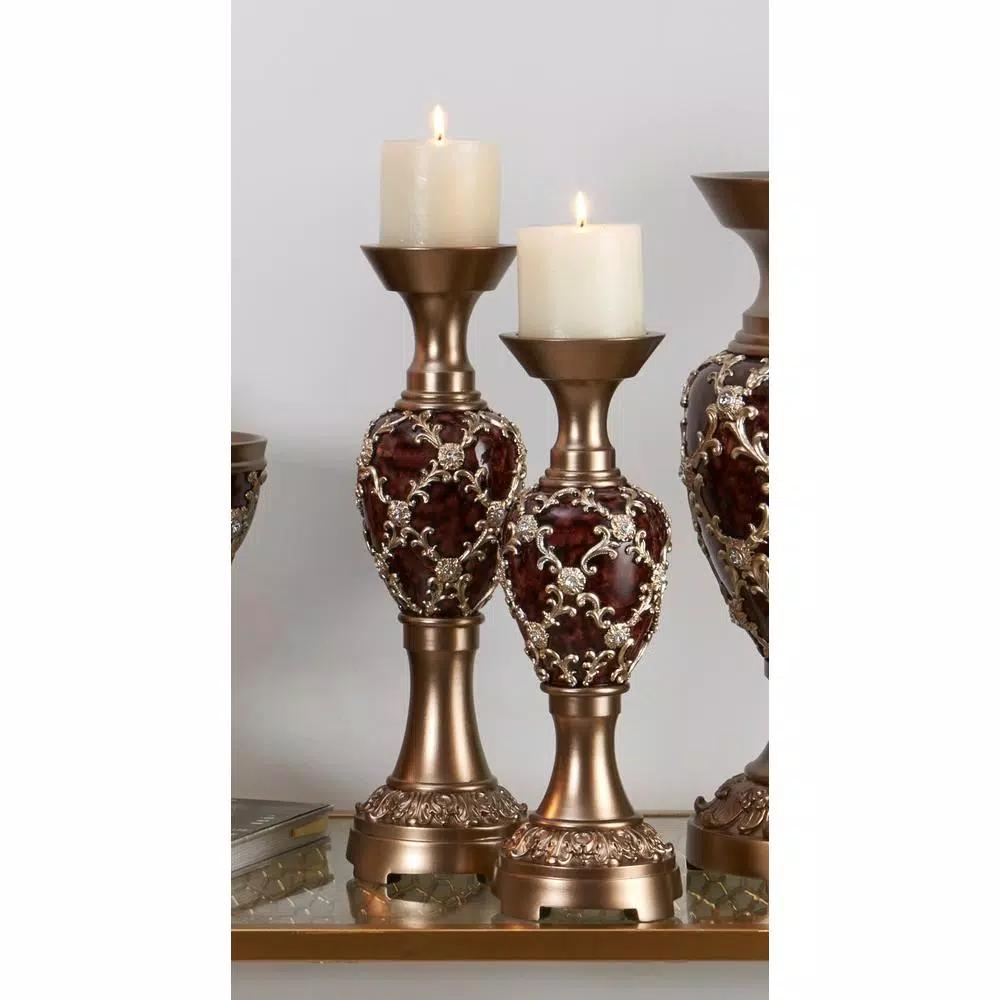 ORE International Curvae Bejewelled Golden Stencils Candleholder Set of 2, 14 in. & 16 in.