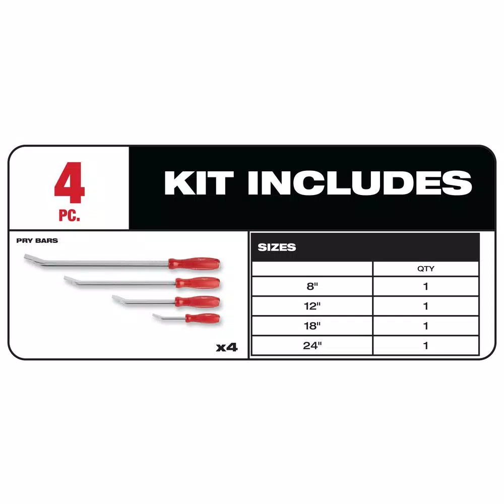 Milwaukee 4-Piece Pry Bar Set with I-Beam Design and Hammer-Ready Strike Cap