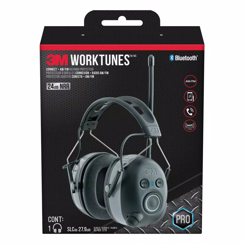 3M WorkTunes Wireless Bluetooth Hearing Protector with AM/FM Radio, Gray
