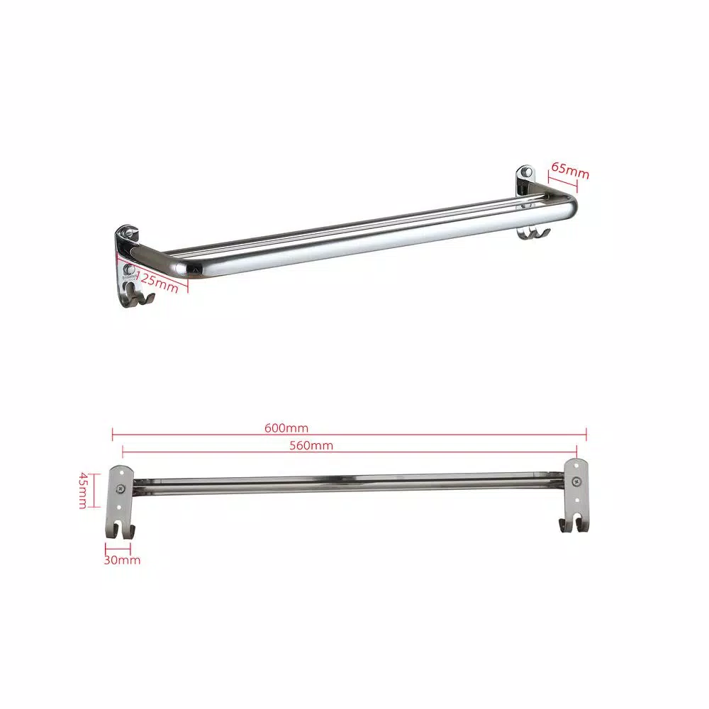 Unbranded 23.5 in. Stainless Steel Towel Rail with 2 Hooks, Chrome Polished Bathroom Towel Rack