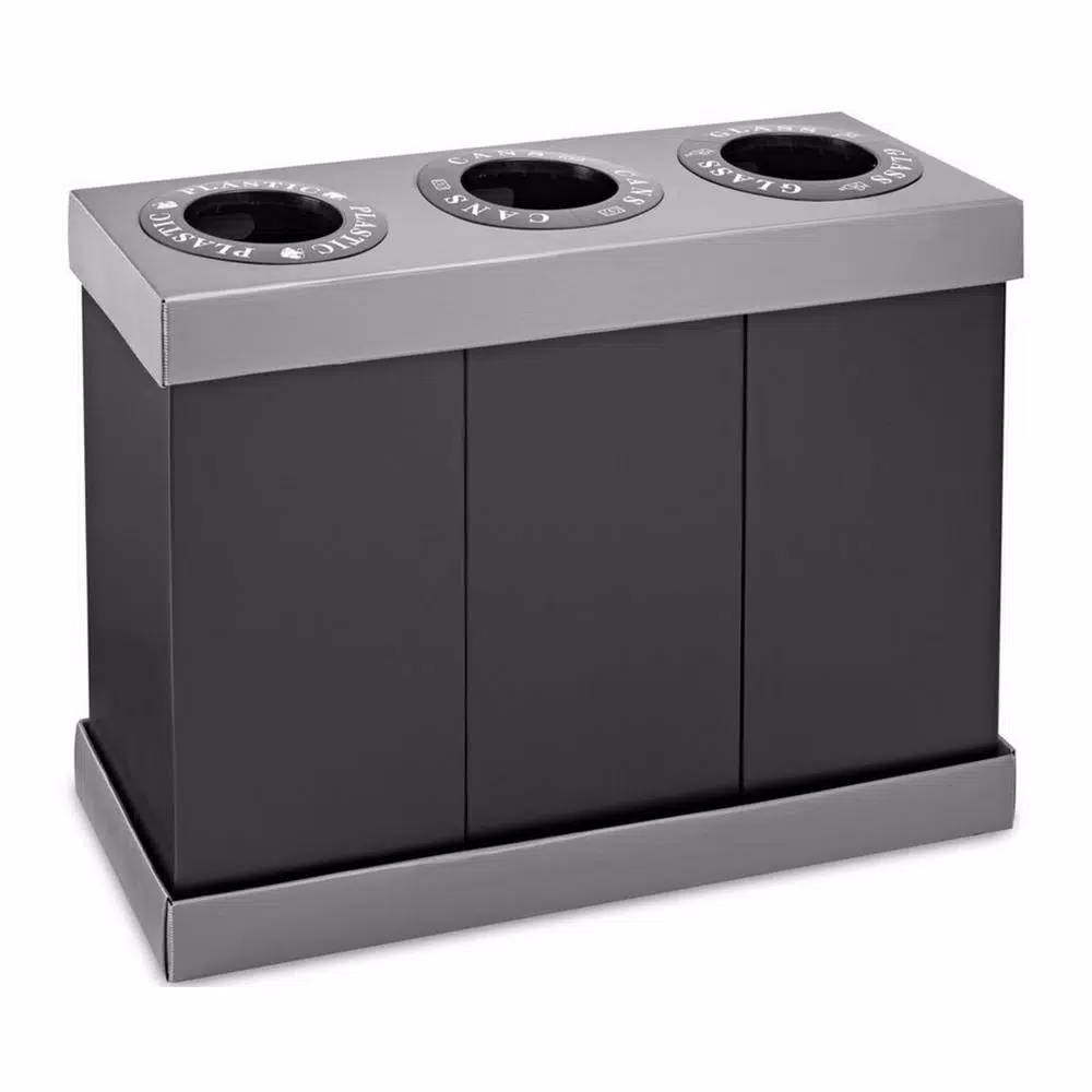 Alpine Industries 28 Gal. Black Corrugated Plastic 3-Compartment Indoor Trash and Recycling Bin