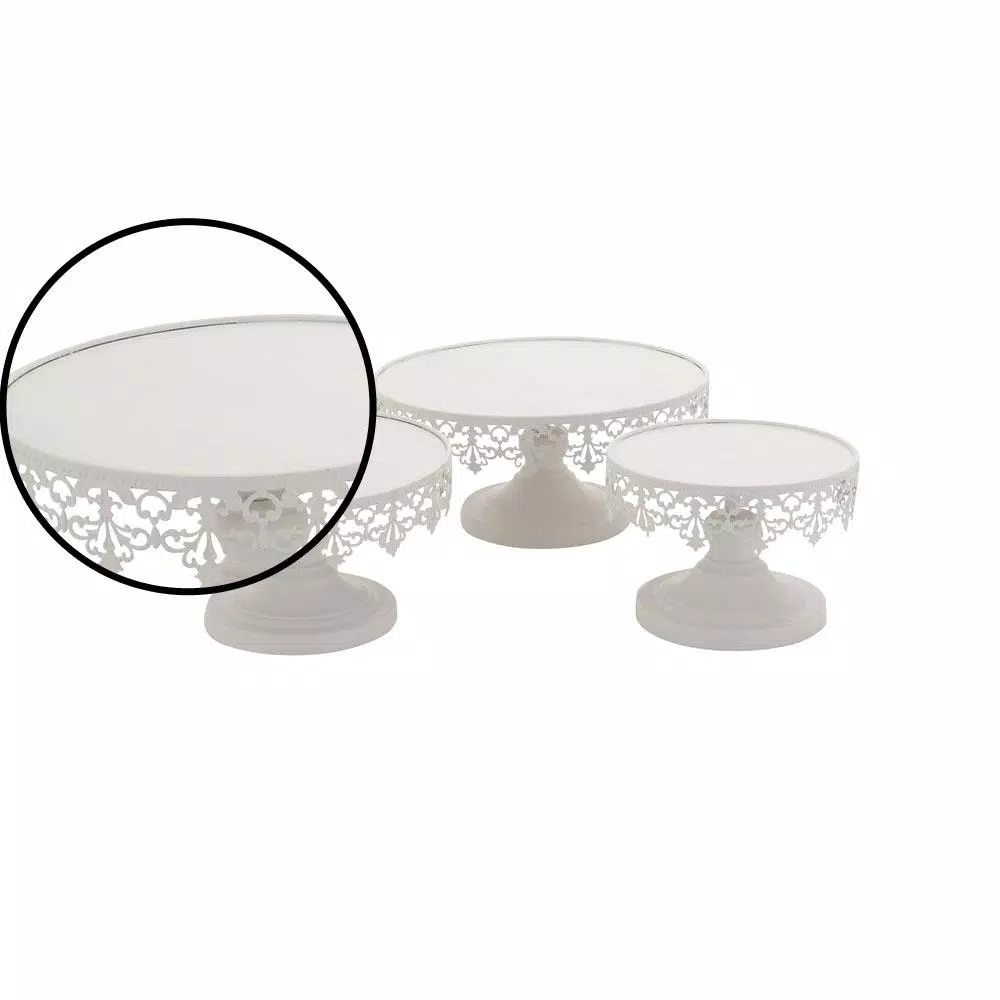 LITTON LANE White Iron Round Cake Stand Set of 3 with Lattice Lace Overhang