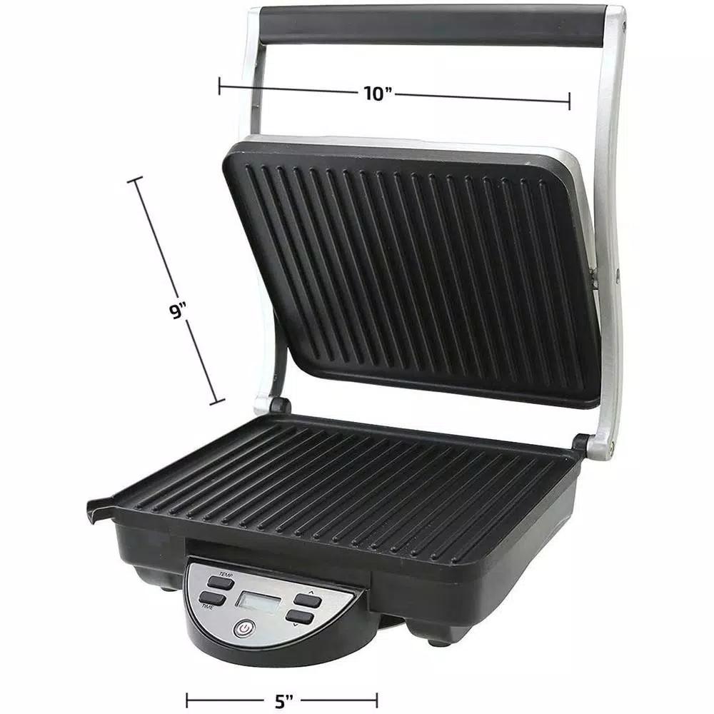 Ovente GP1000BR 1500W Brushed Nickel Non-Stick 4-Slice Panini Press & Gourmet Sandwich Maker