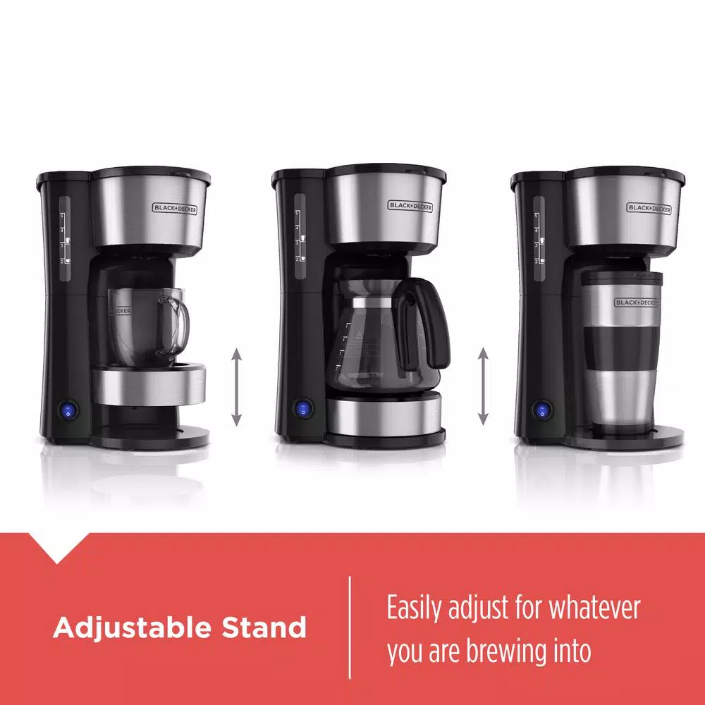 Black+Decker 4-in-1 5-Cup Drip Coffee Maker with Stainless Steel Travel Mug, Black/Stainless Steel