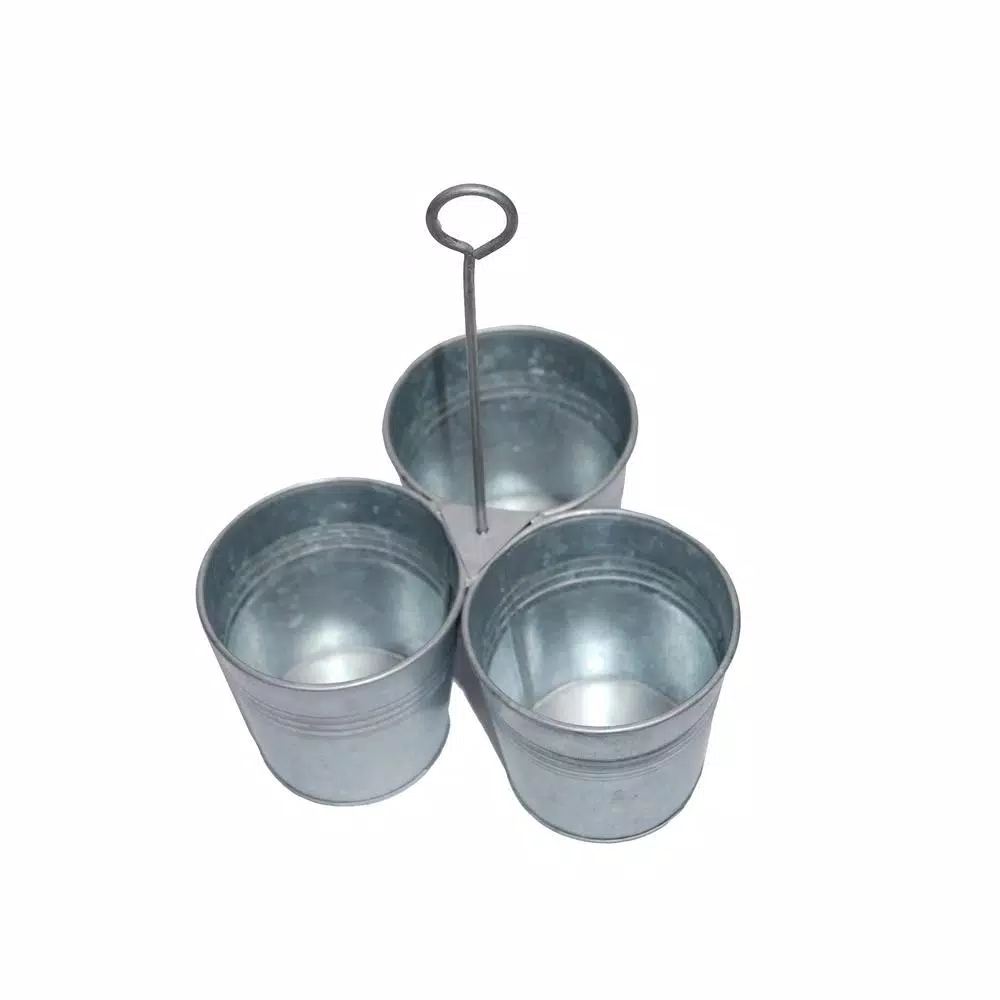 Benzara Galvanized Steel Gray Cutlery Holder with 3 Buckets and Ring Handle