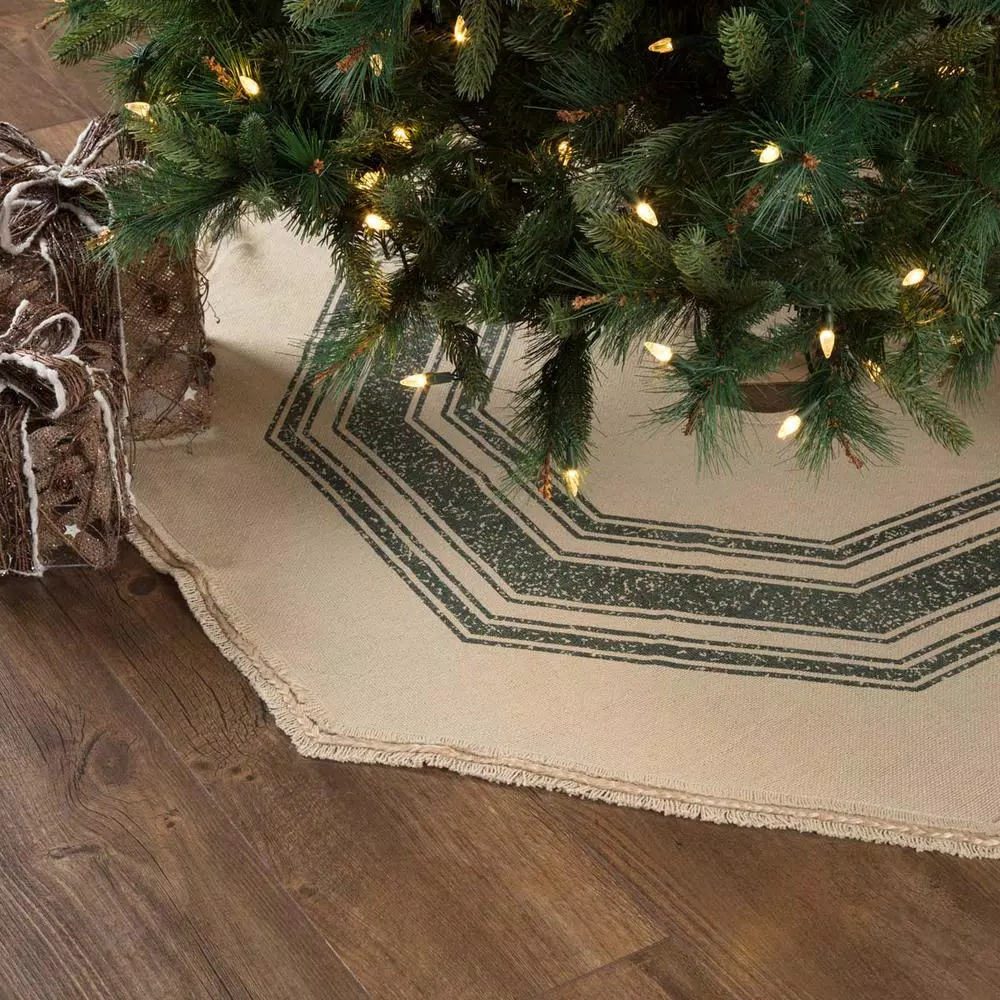 VHC Brands 48 in. Green Vintage Burlap Stripe Farmhouse Christmas Tree Skirt
