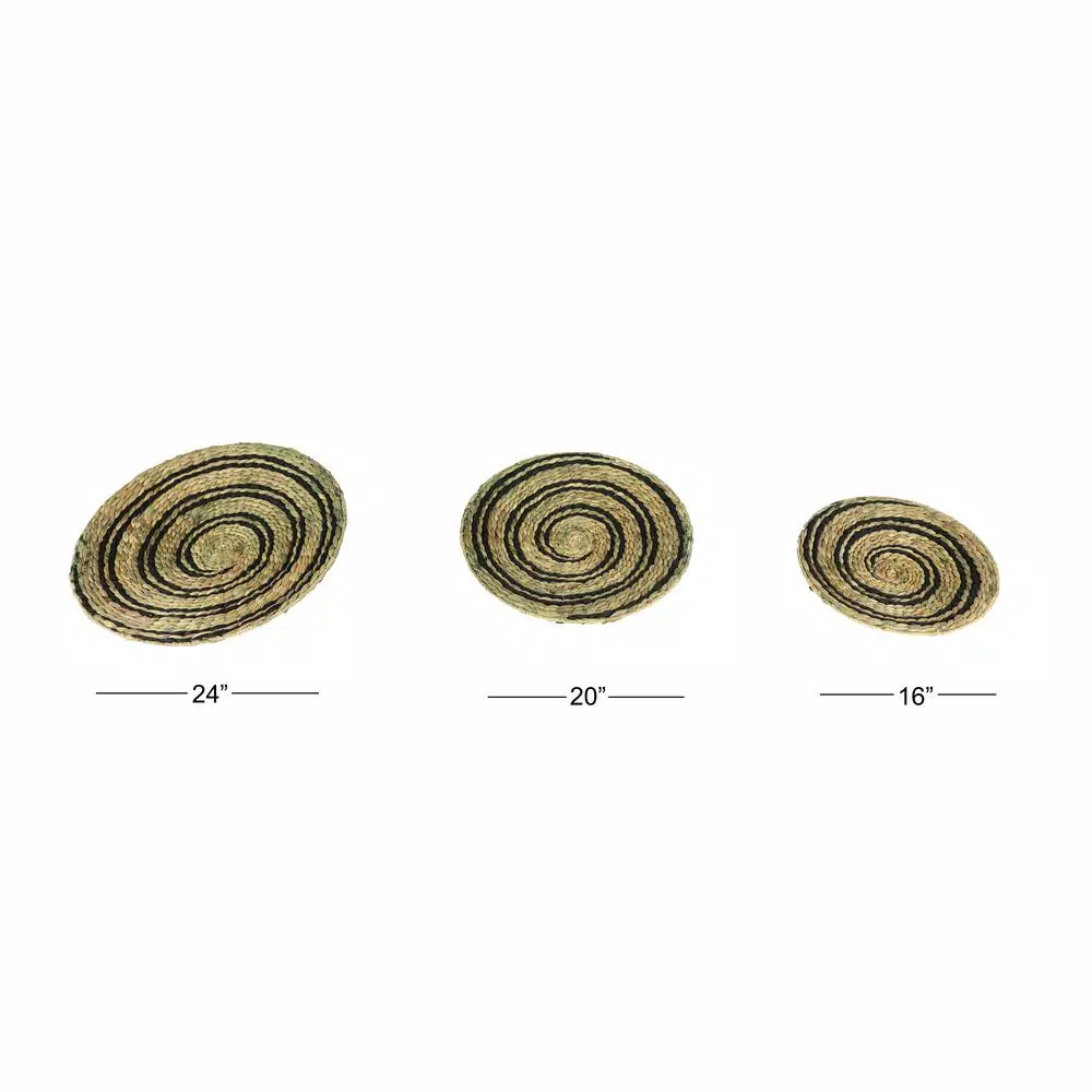 LITTON LANE Natural and Black Spiral Design Wicker Trays, Set of 3