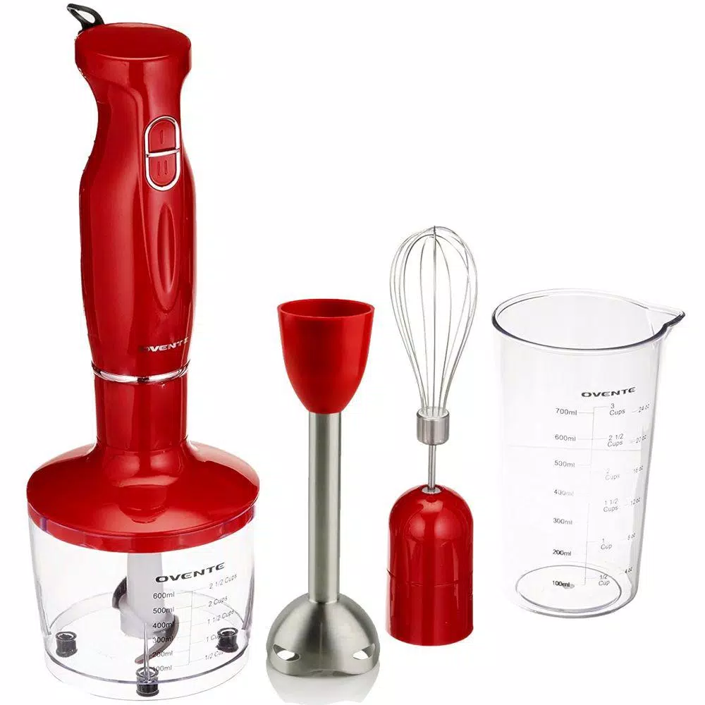 Ovente HS565 300W Immersion Blender Set with Chopper, Whisk, and 24 oz. Beaker - Red