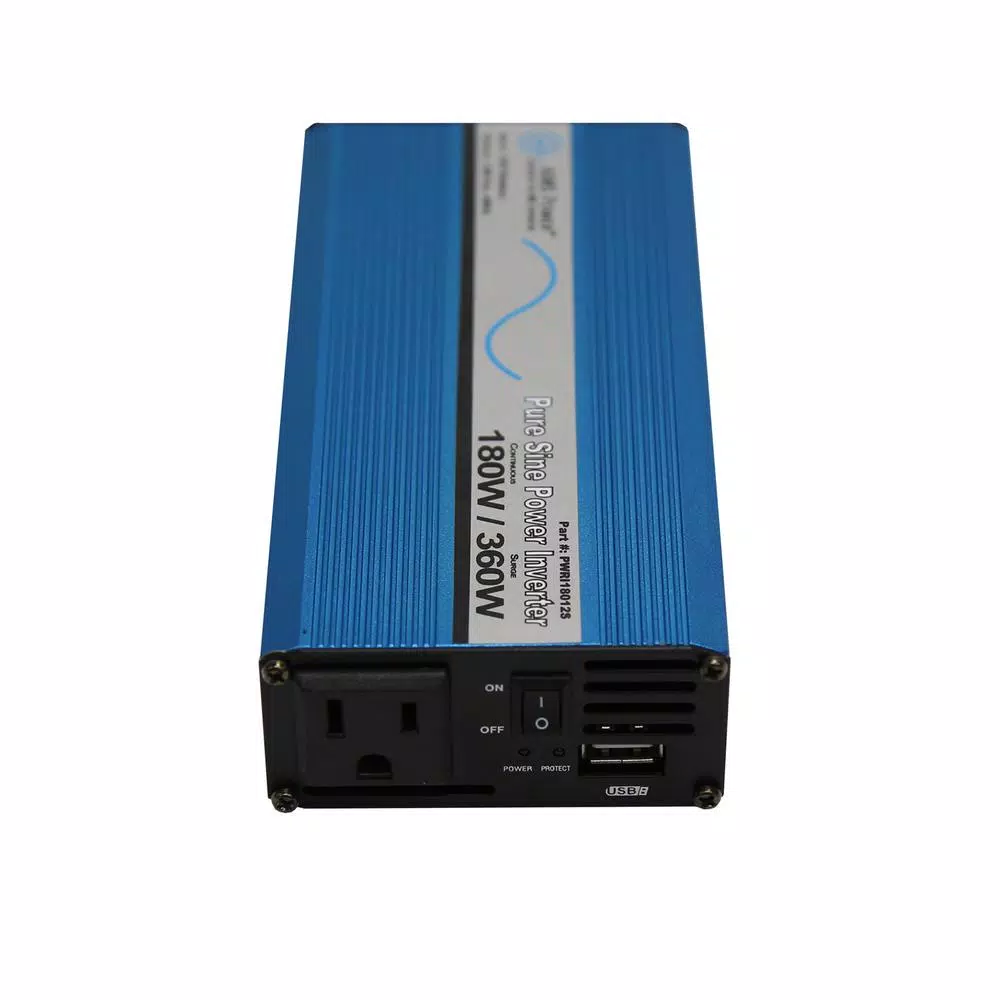 AIMS Power 180W Pure Sine Wave Power Inverter, 12V DC to 120V AC with USB Port