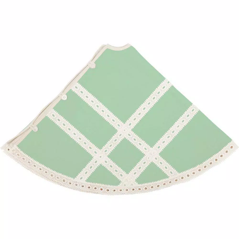 VHC Brands 48 in. Mint Margot Farmhouse Christmas Tree Skirt with Diamond Lace and Chambray