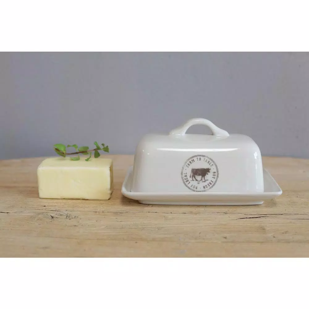 3R Studios White Stoneware Butter Dish Set of 2 - Farm to Table Country Style