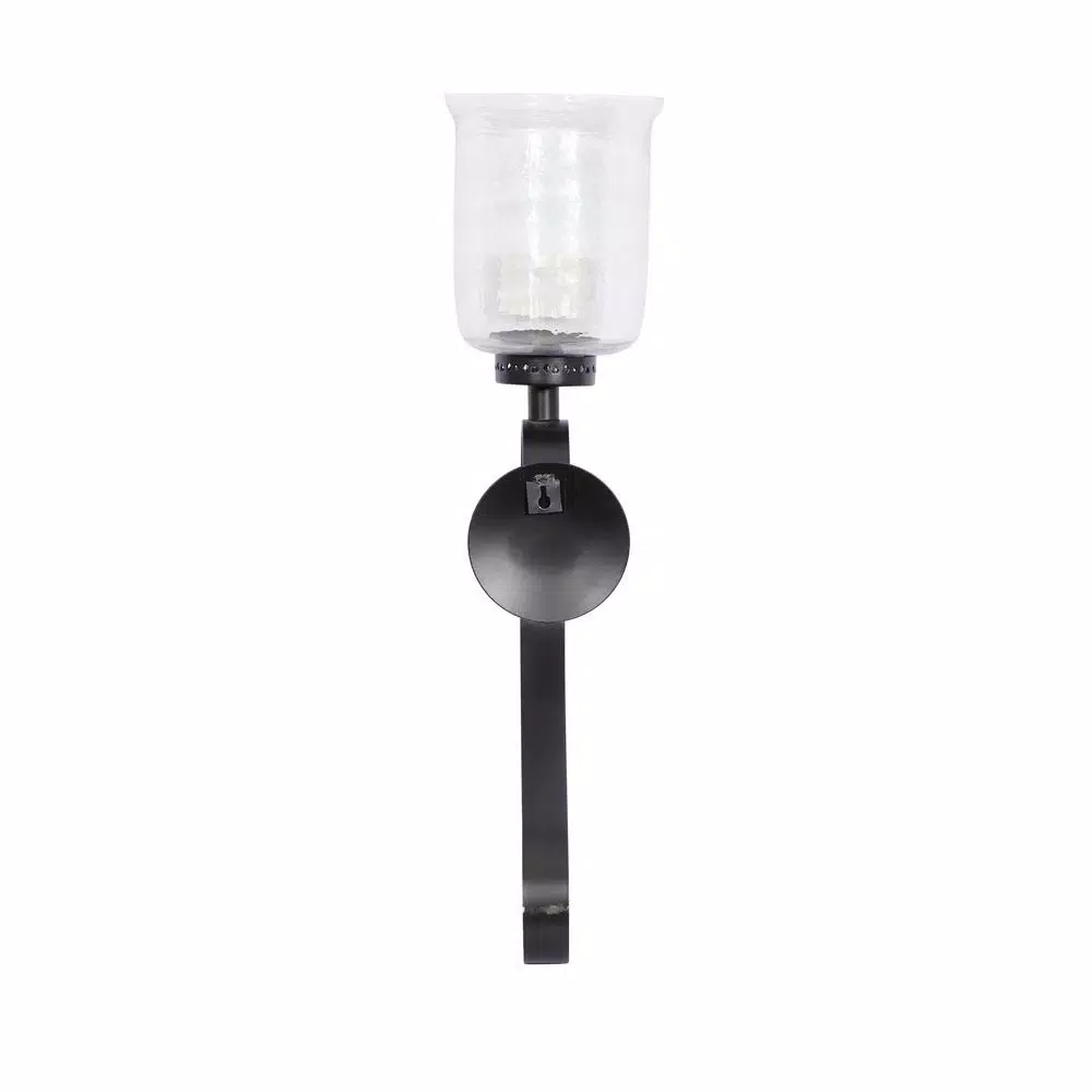 LITTON LANE 27 in. Wrought Iron Candle Sconce with Clear Glass Hurricane Holder, Black