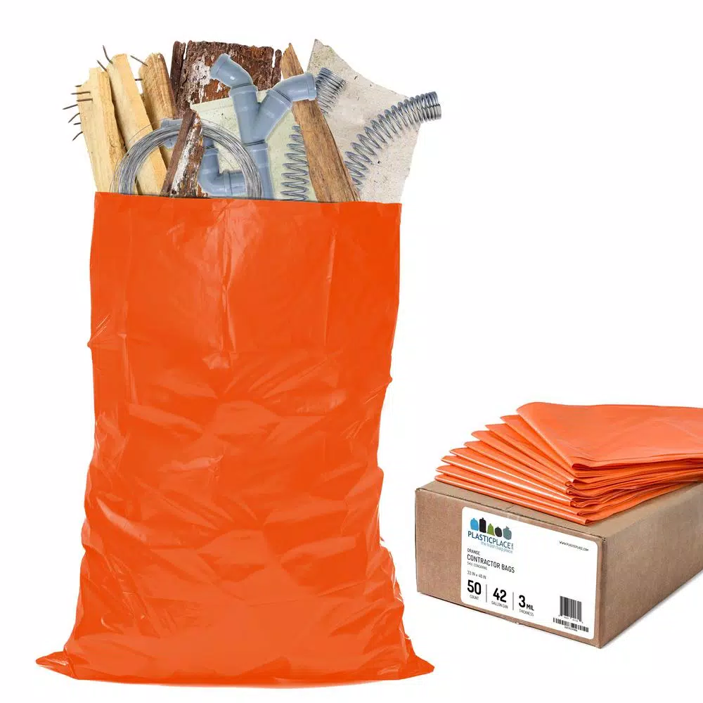 Plasticplace 33 in. x 48 in. 42 Gal. Orange Contractor Trash Bags, 3.0 Mil Heavy Duty, 50-Count Case