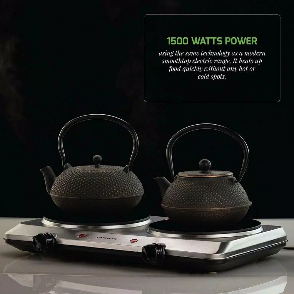 Ovente 1500W Double Burner Infrared Hot Plate, 7.5 in. Ceramic Glass Cooktop with Temperature Control