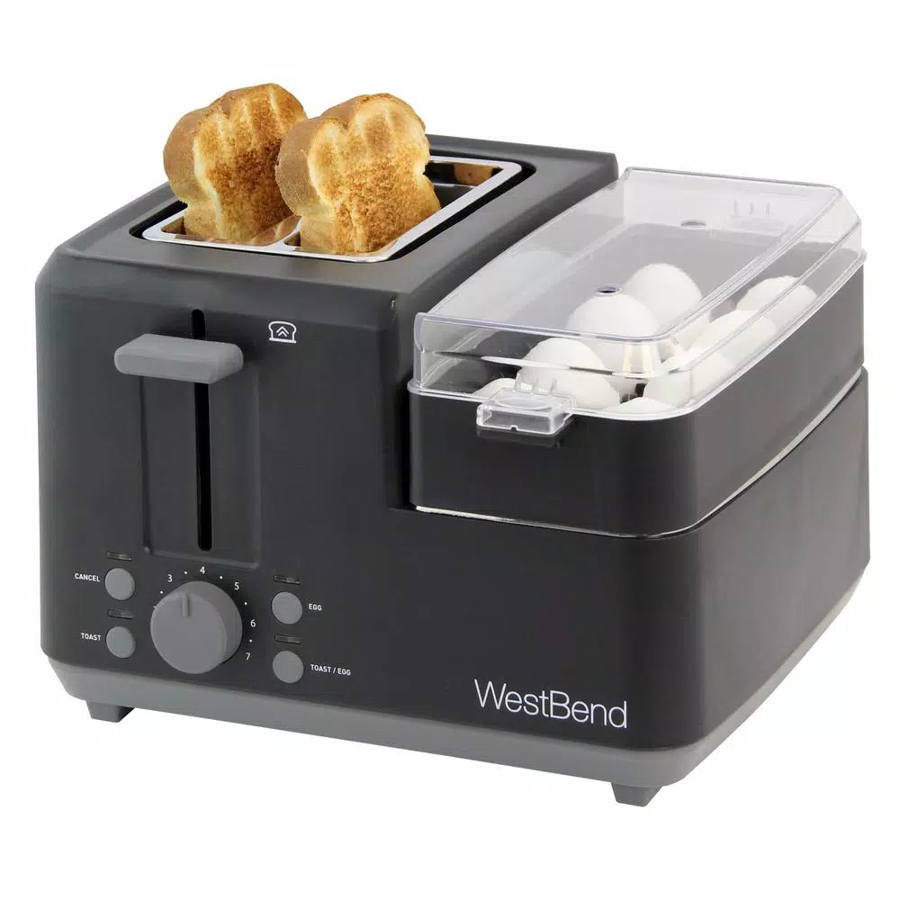West Bend 2-Slice Wide Slot Breakfast Station Toaster and Egg Poacher with Meat Warming Tray, Black