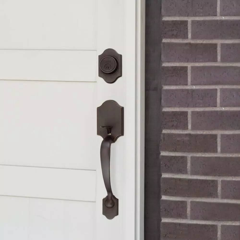 Design House Sussex Oil-Rubbed Bronze Entry Handleset with Scroll Lever Interior and Single Cylinder Deadbolt