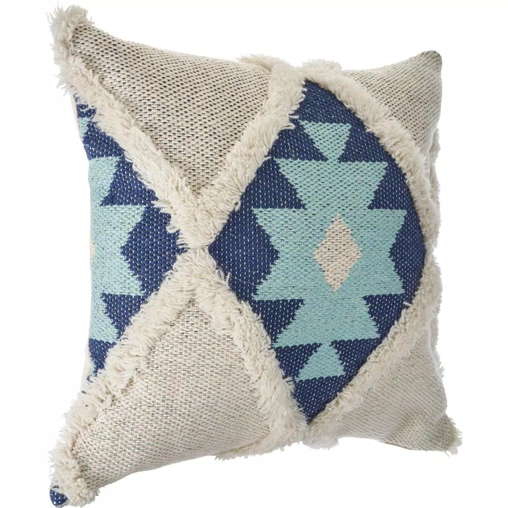 LR Home 20x20 Off White and Blue Tufted Geometric Throw Pillow - Southwestern Winter Paradise