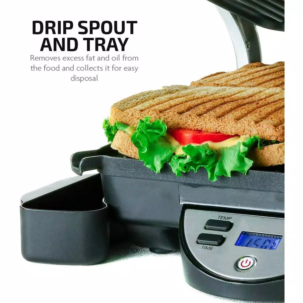 Ovente GP1000BR 1500W Brushed Nickel Non-Stick 4-Slice Panini Press & Gourmet Sandwich Maker