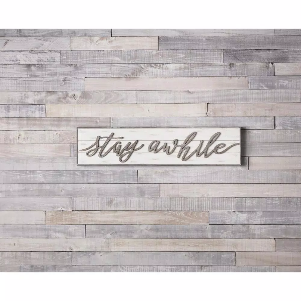 Unbranded Stay Awhile Wood Wall Sign - 48 Inch Weathered White Script Decor