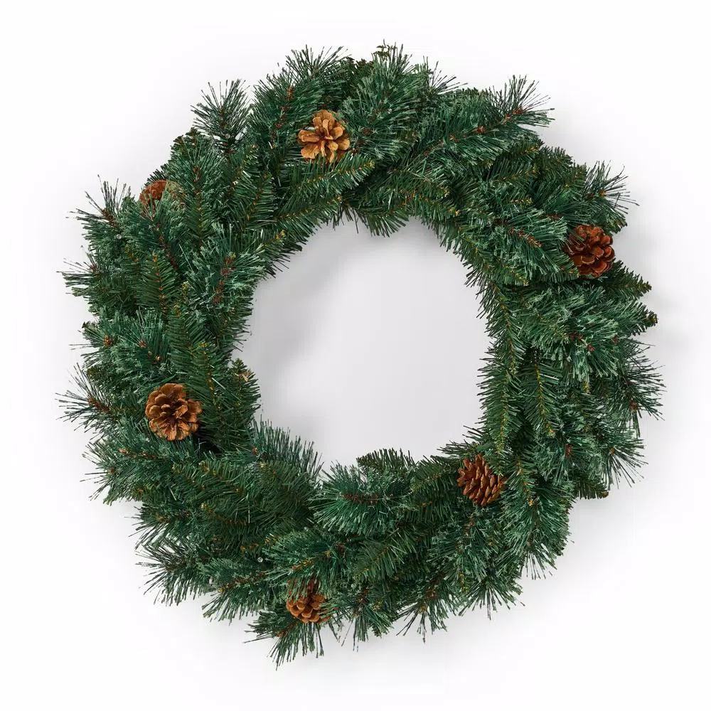 Noble House 24 in. Mixed Pine Artificial Christmas Wreath with Pine Cones and Warm White LED Lights, Battery Operated
