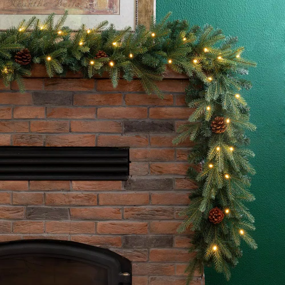 Glitzhome 9 ft. Pre-Lit Artificial Pine Garland with Pine Cones and Warm White LED Lights