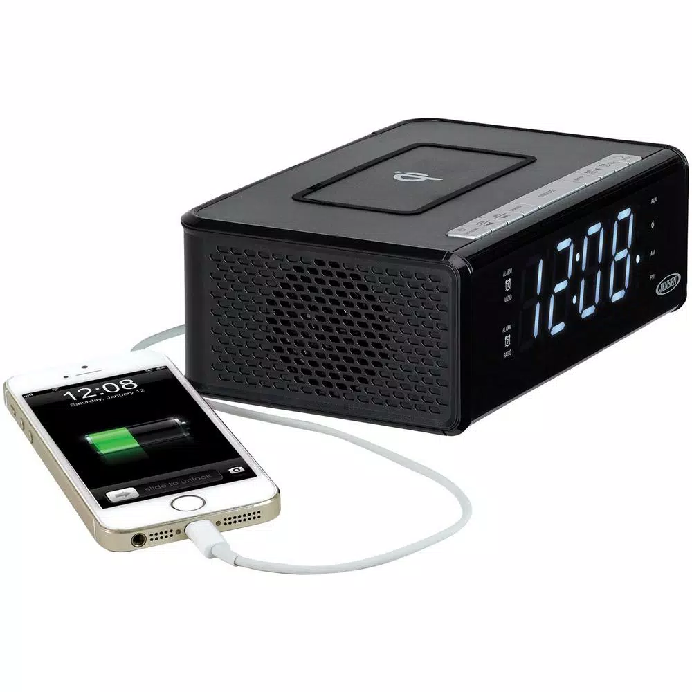 JENSEN Dual Alarm Clock Radio with Qi Wireless Charging, AM/FM, USB Port, and Aux Input - Black