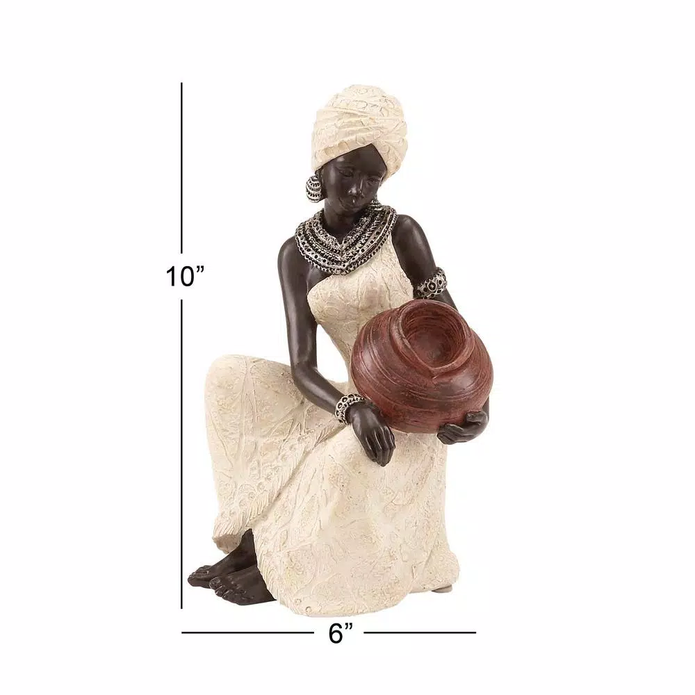 LITTON LANE Globe Trotter 10 in. African Woman Decorative Figurine - Textured Ebony, Beige, and Silver Polystone Sculpture