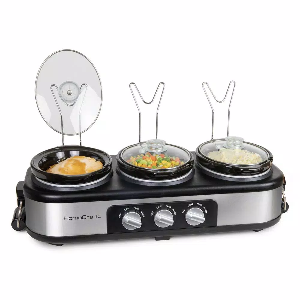 HomeCraft 3-Station Stainless Steel Slow Cooker Buffet with 3 Removable 1.5 qt. Ceramic Pots
