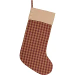 VHC Brands 20 in. Burgundy Check Primitive Christmas Button Stocking - Red and Tan Cotton/Jute Decor thumbnail 1
