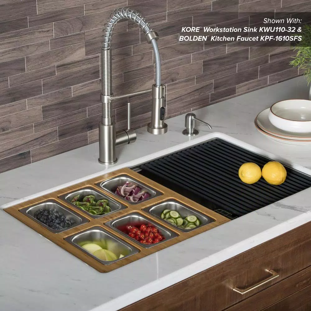 Kraus Workstation Kitchen Sink Accessory Set with Bamboo Serving Board and 6 Stainless Steel Prep Bowls