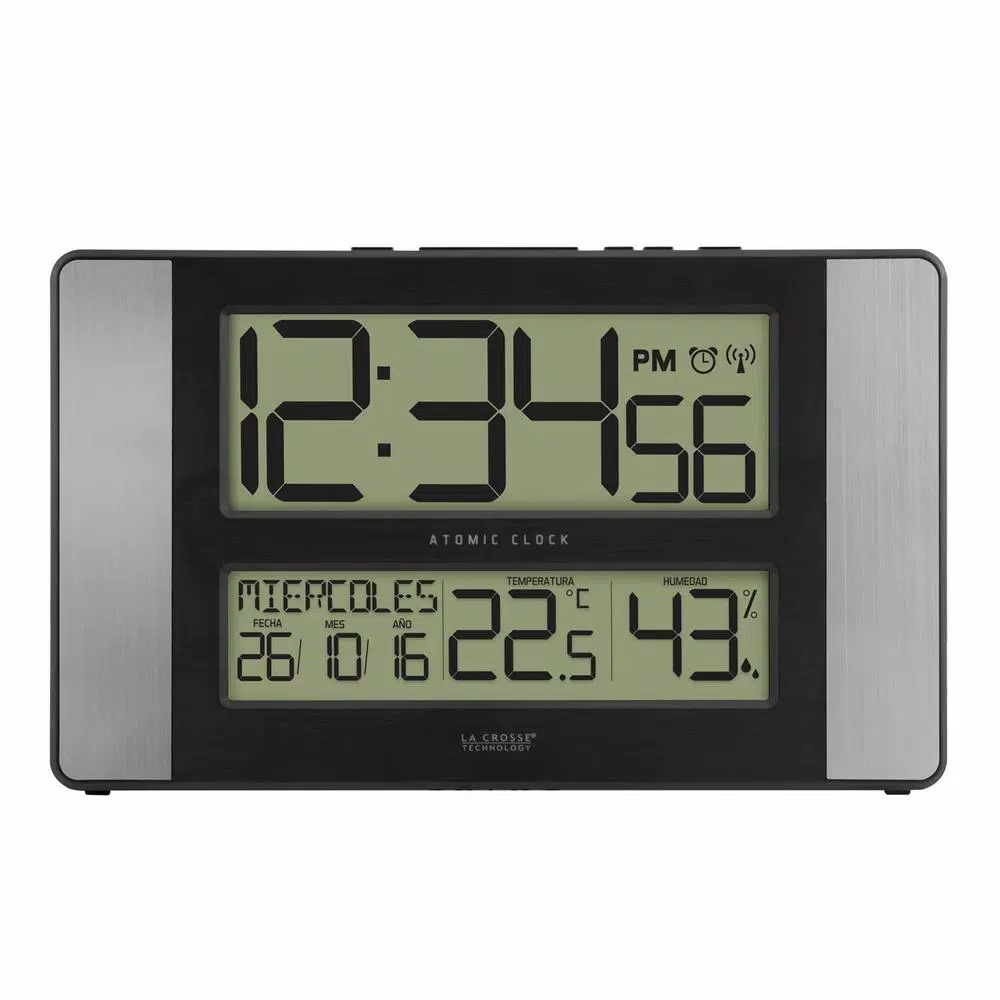 La Crosse Technology 11 in. Atomic Digital Wall Clock with Temperature, Humidity & Calendar - Aluminum Finish