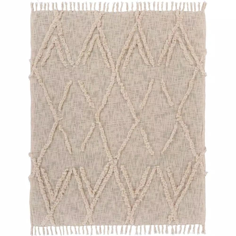 LR Resources LR Home Handmade Boho Tufted Cotton Throw Blanket with Fringe, Beige, 50 x 60 in