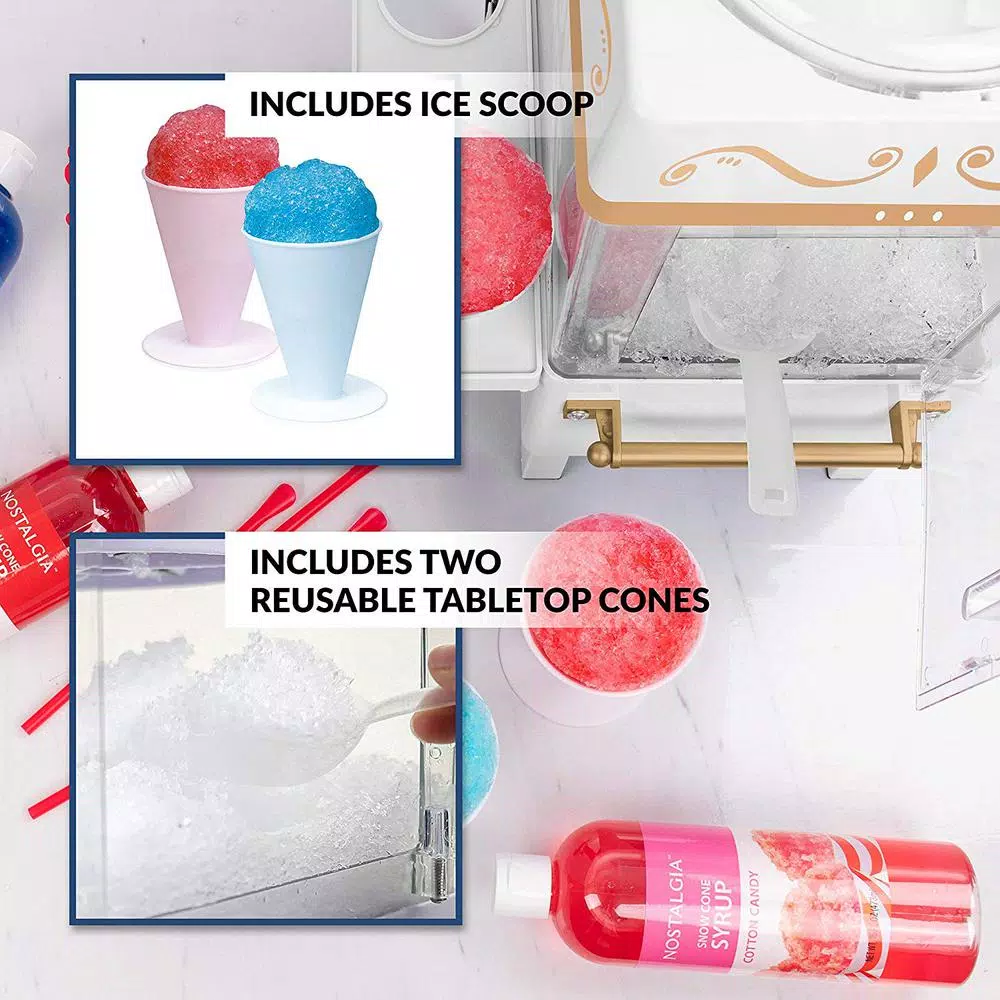 Nostalgia 160 oz. Countertop Snow Cone Maker with Stainless Steel Blades and Reusable Cones - White