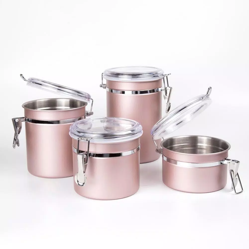 Creative Home Rose Gold Stainless Steel Canister Set, 4-Piece Airtight Food Storage Containers with Locking Clamp