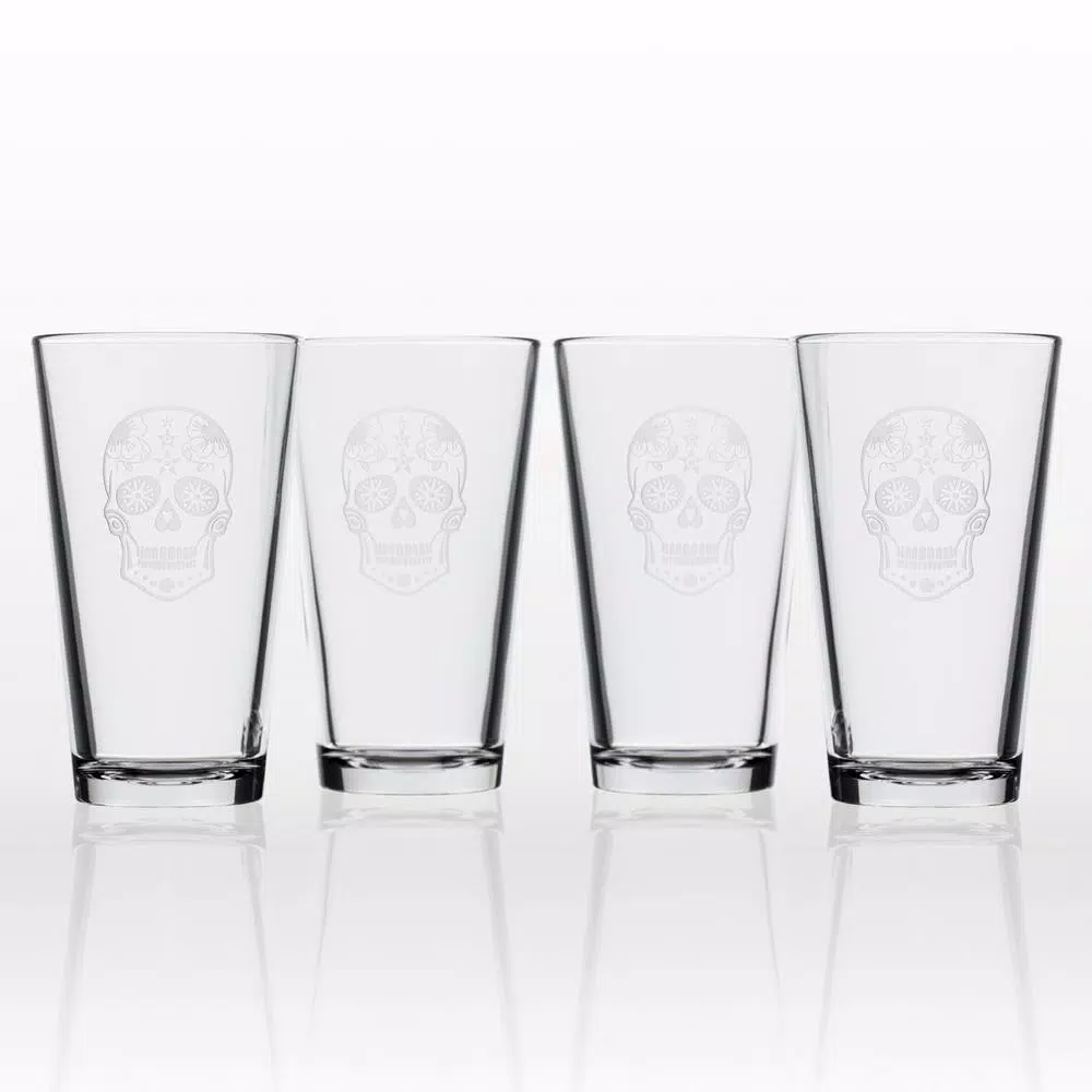 Rolf Glass Sugar Skull 16 oz. Pint Glass Set of 4 - Sand-Etched Glassware