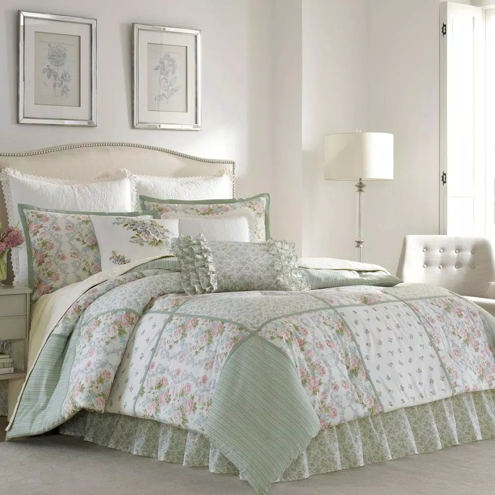 Laura Ashley Harper Green Floral Cotton 18 in. x 18 in. Throw Pillow