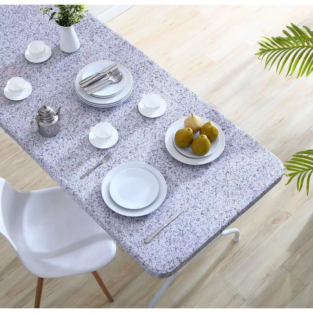 Brielle Home 30x72" Cotton Fabric Fitted Table Cover, Grey Granite Stone Pattern