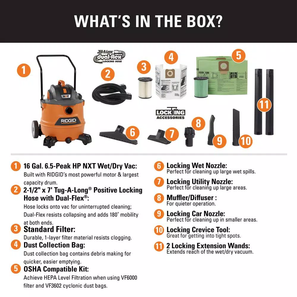 RIDGID 16 Gal. 6.5 Peak HP NXT Wet/Dry Shop Vacuum with OSHA/HEPA Filtration Kit
