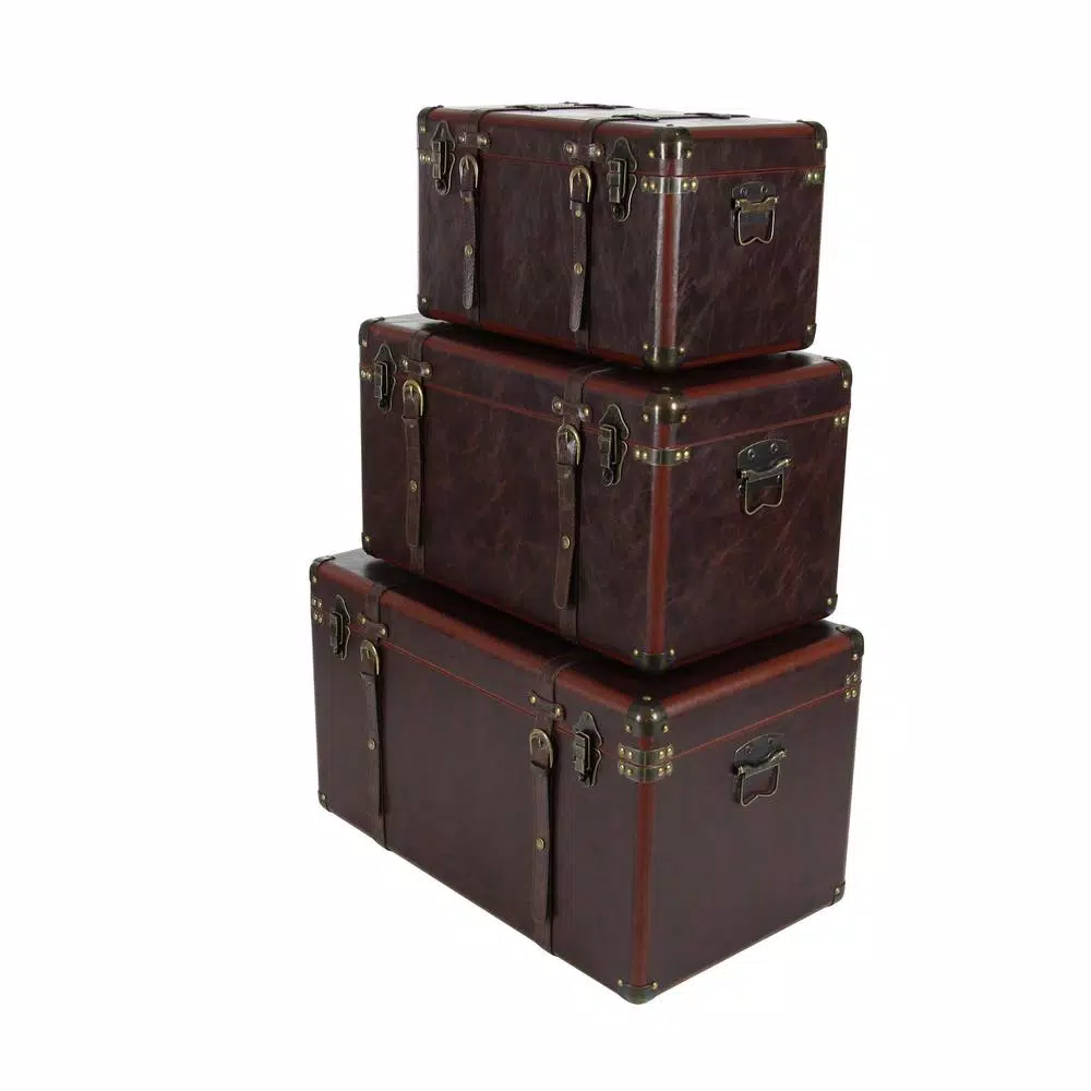 LITTON LANE Globetrotter Wood and Matte Brown Leather Decorative Trunk Set of 3