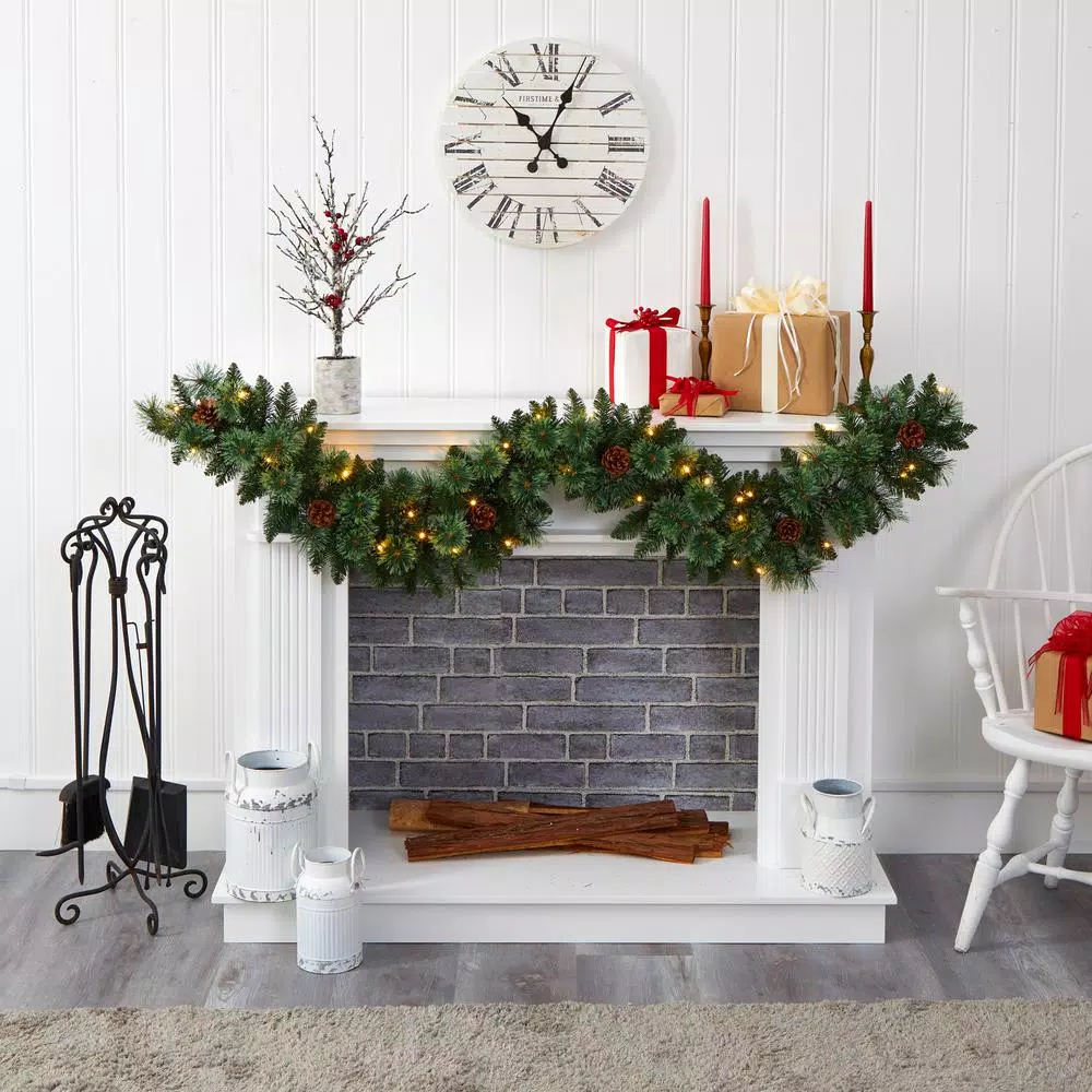 Nearly Natural 6 ft. Pre-lit Mountain Pine Artificial Garland with 35 Warm White LED Lights and Pinecones
