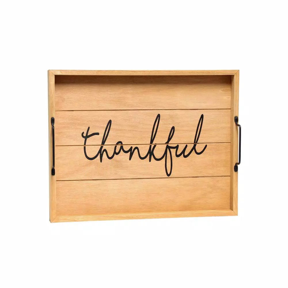 Elegant Designs Natural Wood Decorative Serving Tray with Black Metal Handles - Thankful Farmhouse Style