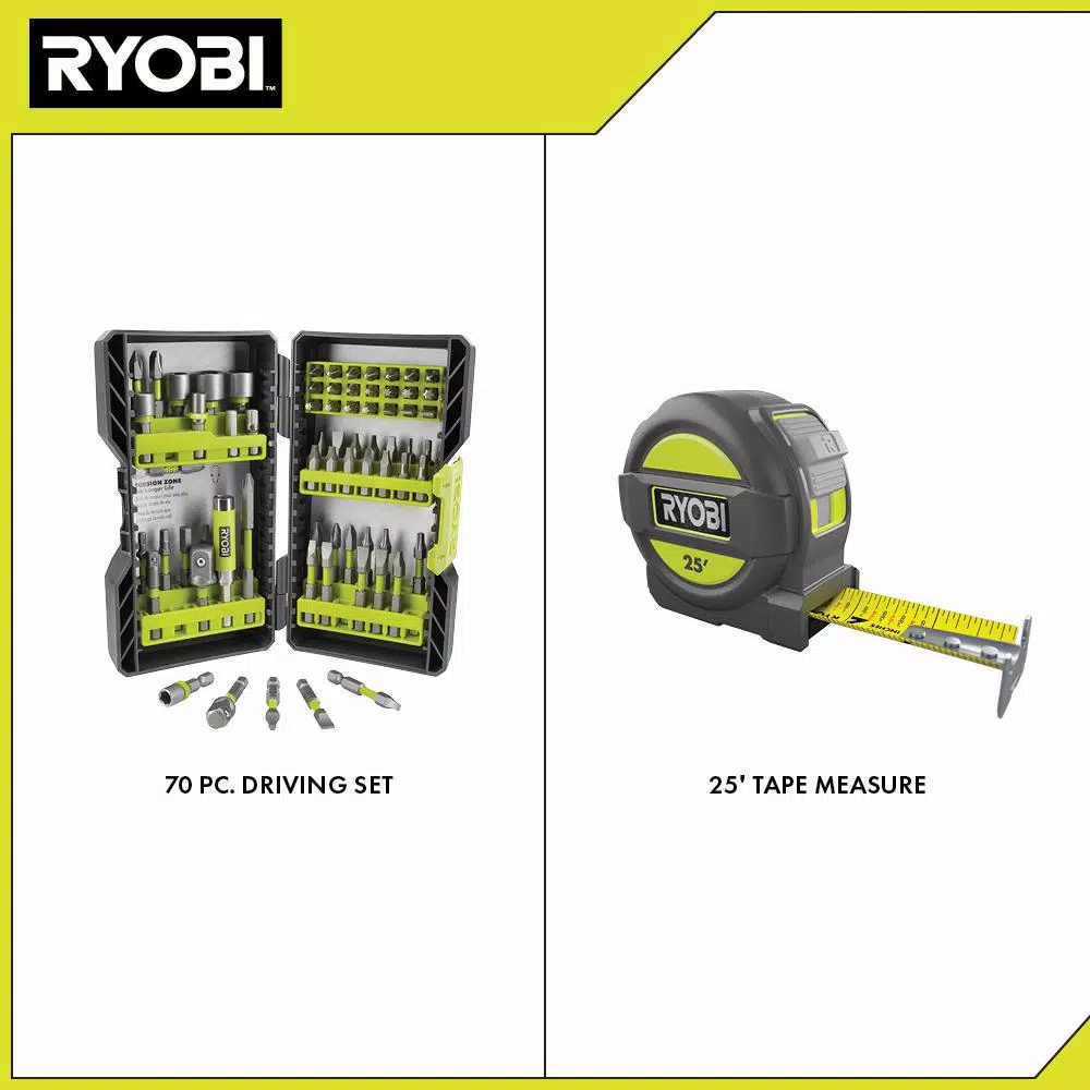 RYOBI 70-Piece Impact Rated Driving Bit Set with Bonus 25 ft. Tape Measure