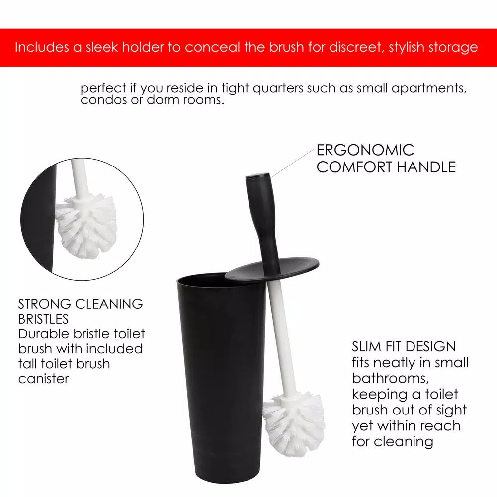 Home Basics Black and White Plastic Toilet Brush and Holder Set with Nylon Bristles