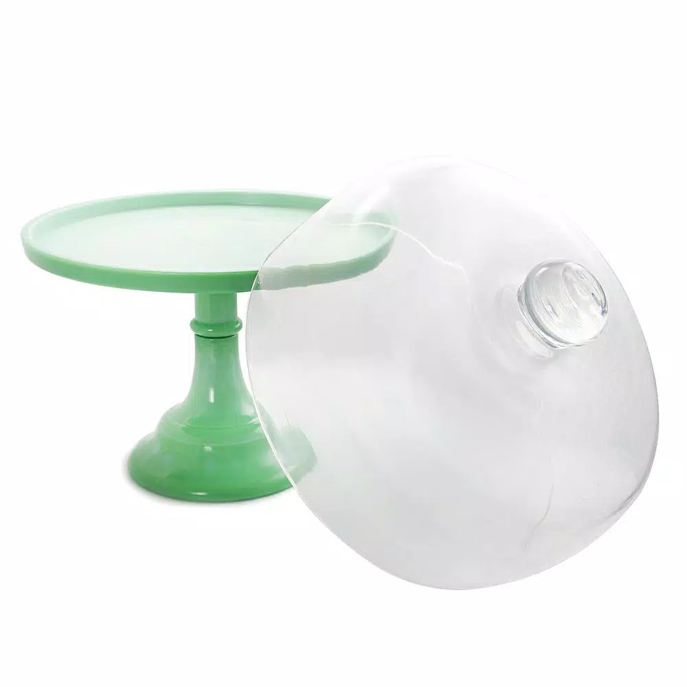 Gibson Cake Stand with Glass Lid, Light Green Round Dessert Platter