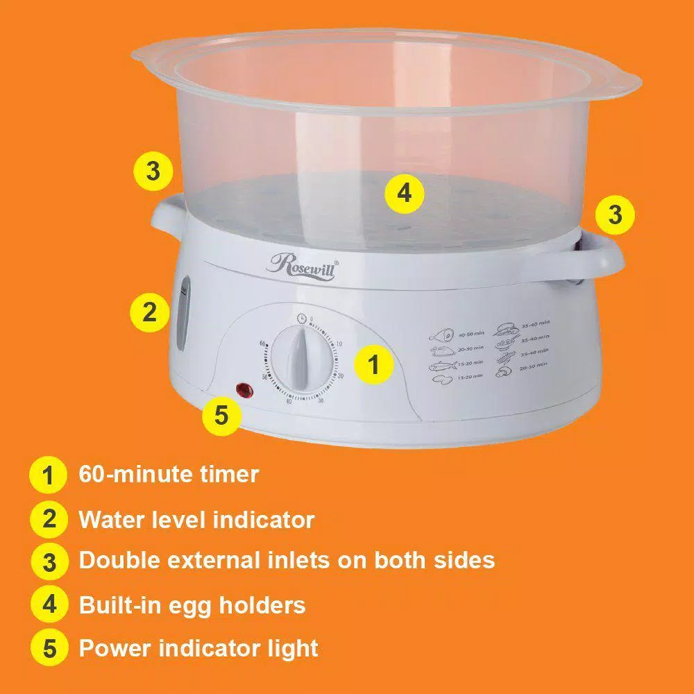 Rosewill 9.5 Qt. White Food Steamer and Rice Cooker, 800W with 3-Tier Baskets