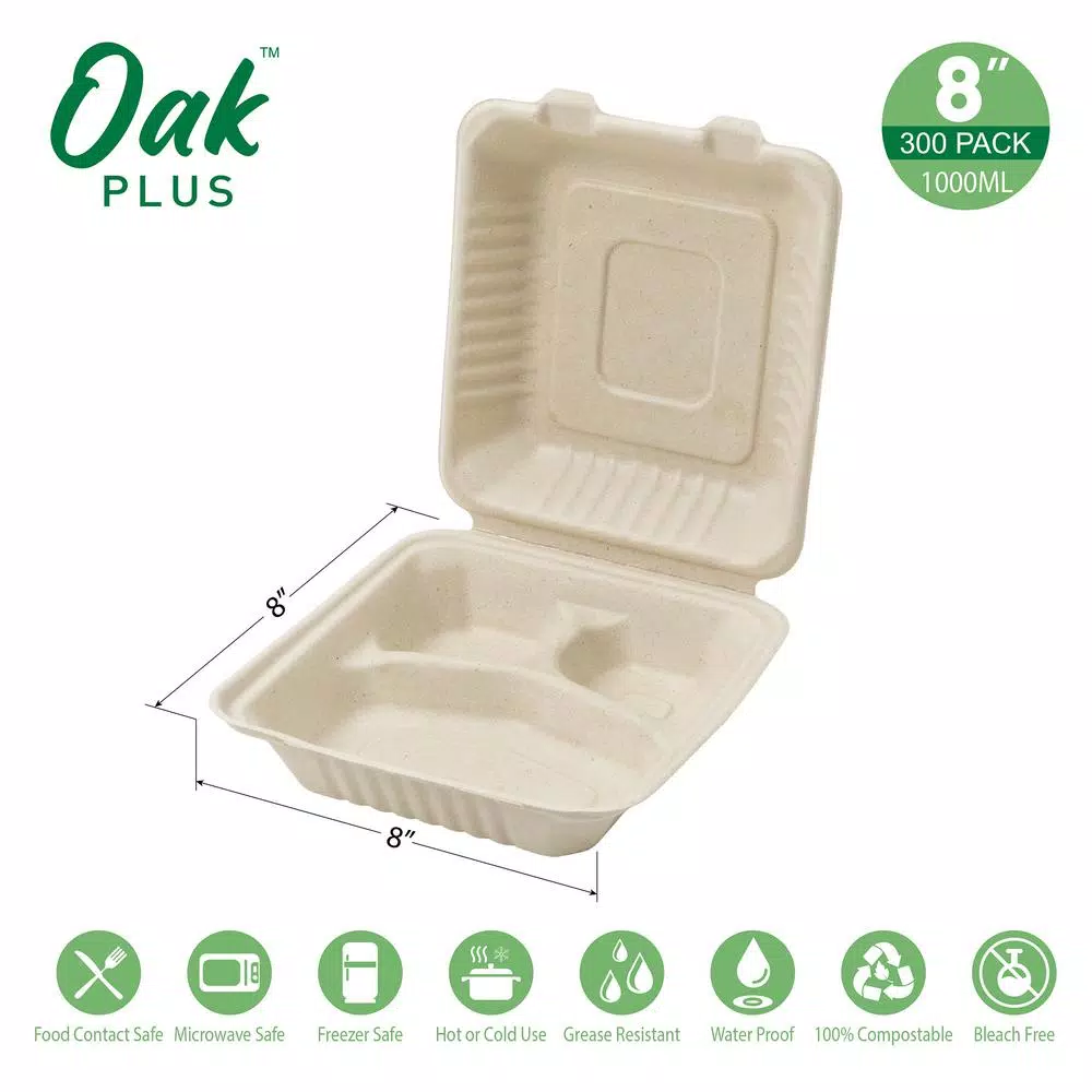 Unbranded 8 in. Natural Sugarcane 3-Compartment Sectional Clamshell Containers, 300 Pack