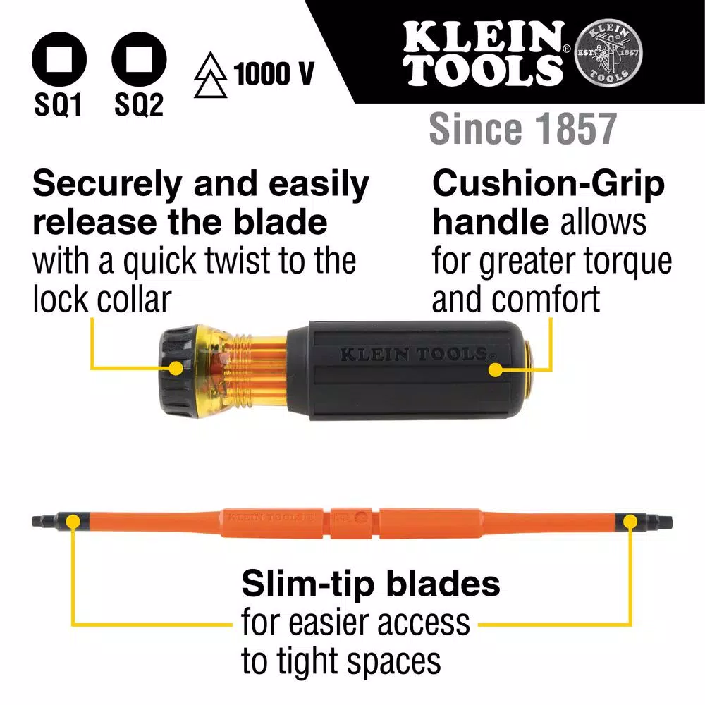 Klein Tools 2-in-1 Insulated Flip-Blade Screwdriver, #1 and #2 Square Drive