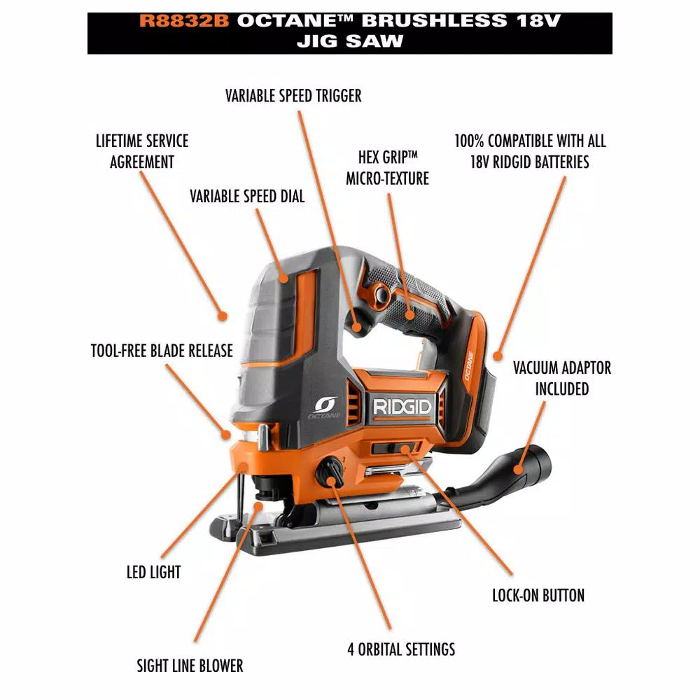 RIDGID 18V OCTANE Cordless Brushless Jig Saw, Tool Only
