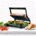 Ovente 1000W Copper Electric Panini Press Grill, 2-Slice Sandwich Maker with Drip Tray thumbnail 7
